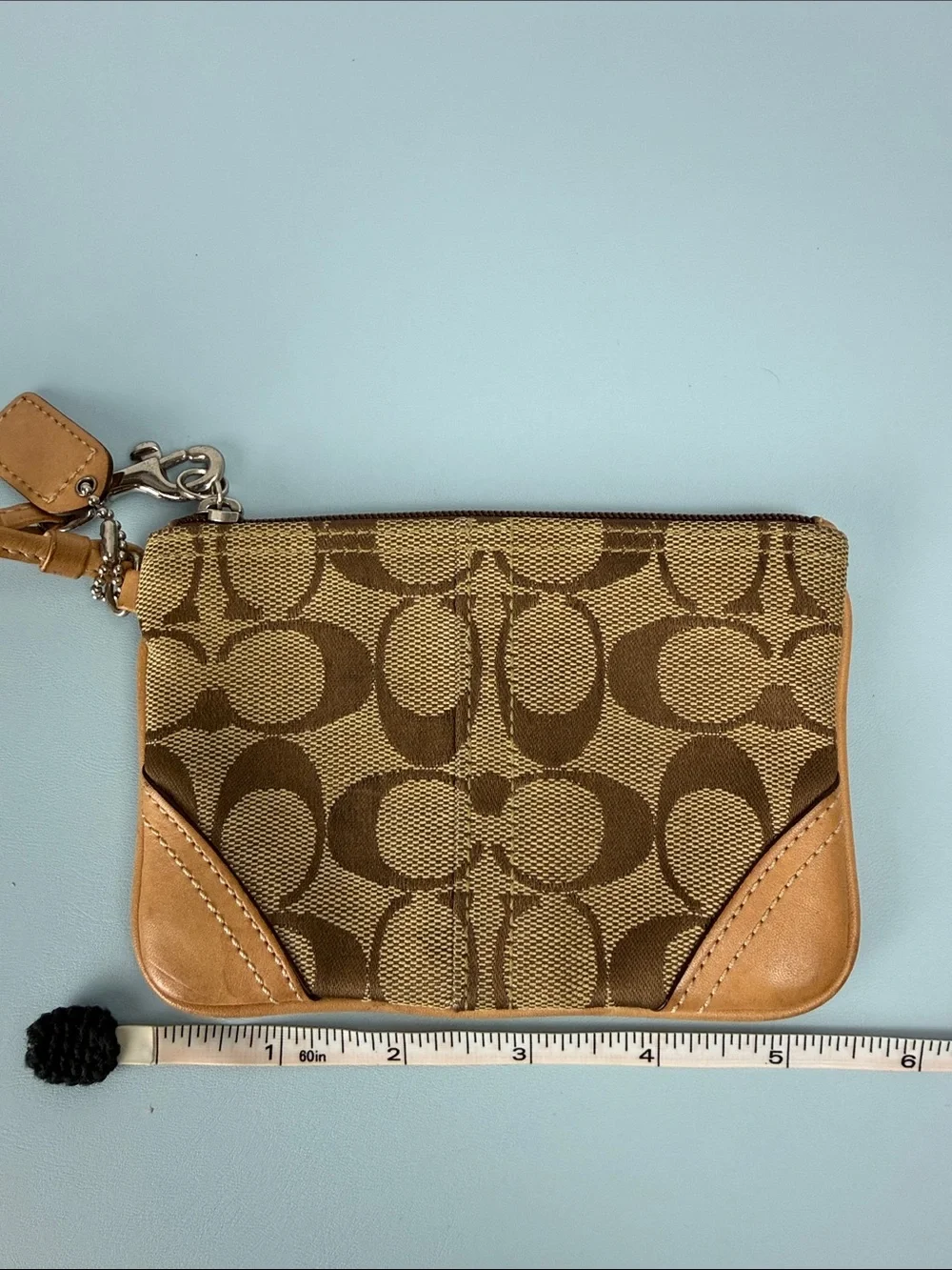 Coach Brown Signature Canvas Wristlet with Tan Leather Accents